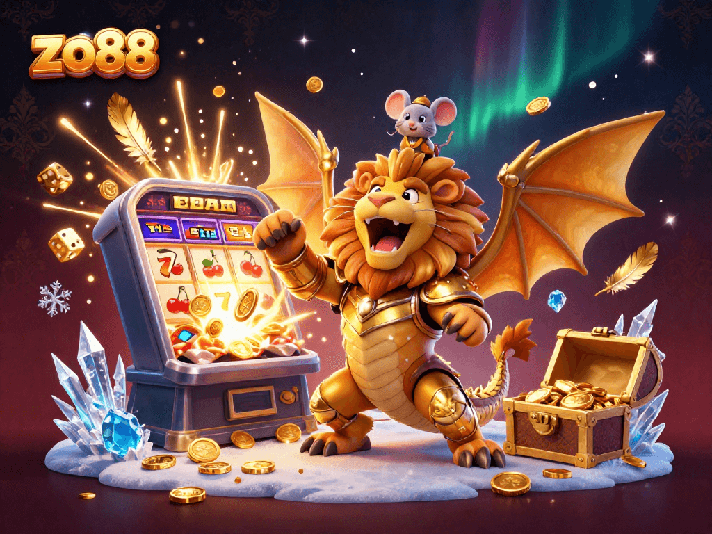 Win big at zo88 with a vibrant, triumphant 3D casino illustration showcasing golden jackpot excitement.