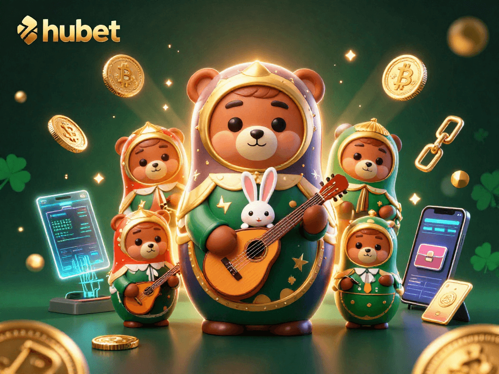 Engage in thrilling games at hubet with a lively 3D casino scene featuring unique characters and vibrant crypto elements.