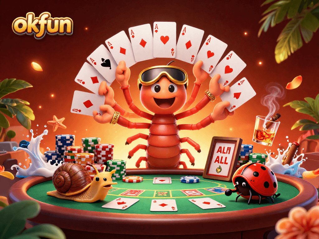 Experience excitement at okfun with a thrilling scene of a millipede dealer and high-rollers amidst vibrant casino elements.