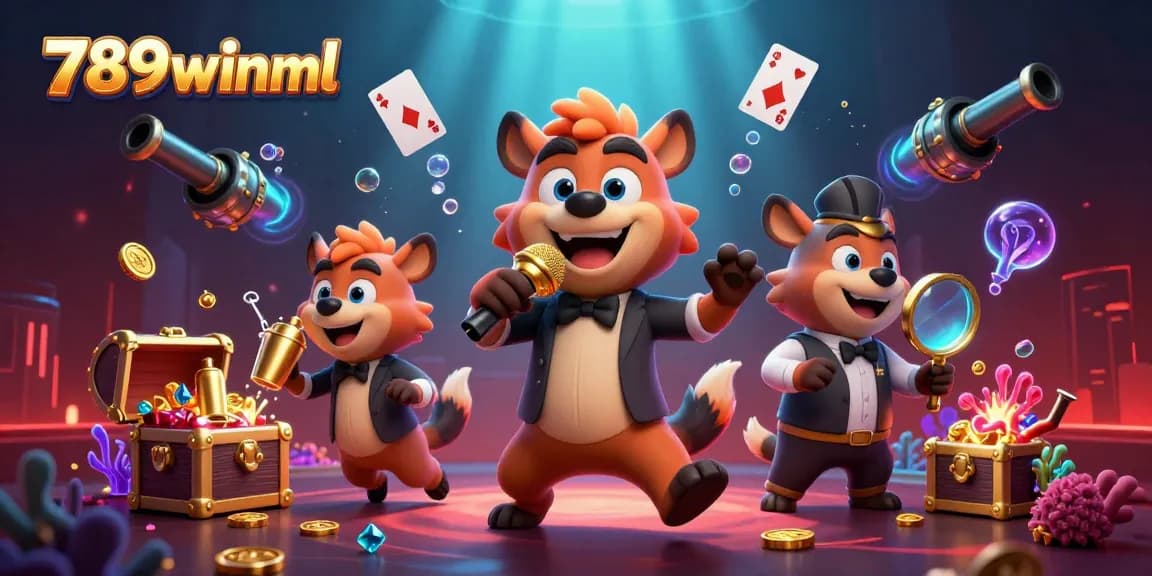 Join the fun at 789winml's vibrant comedy casino with hyena characters laughing, mixing drinks & checking IDs.