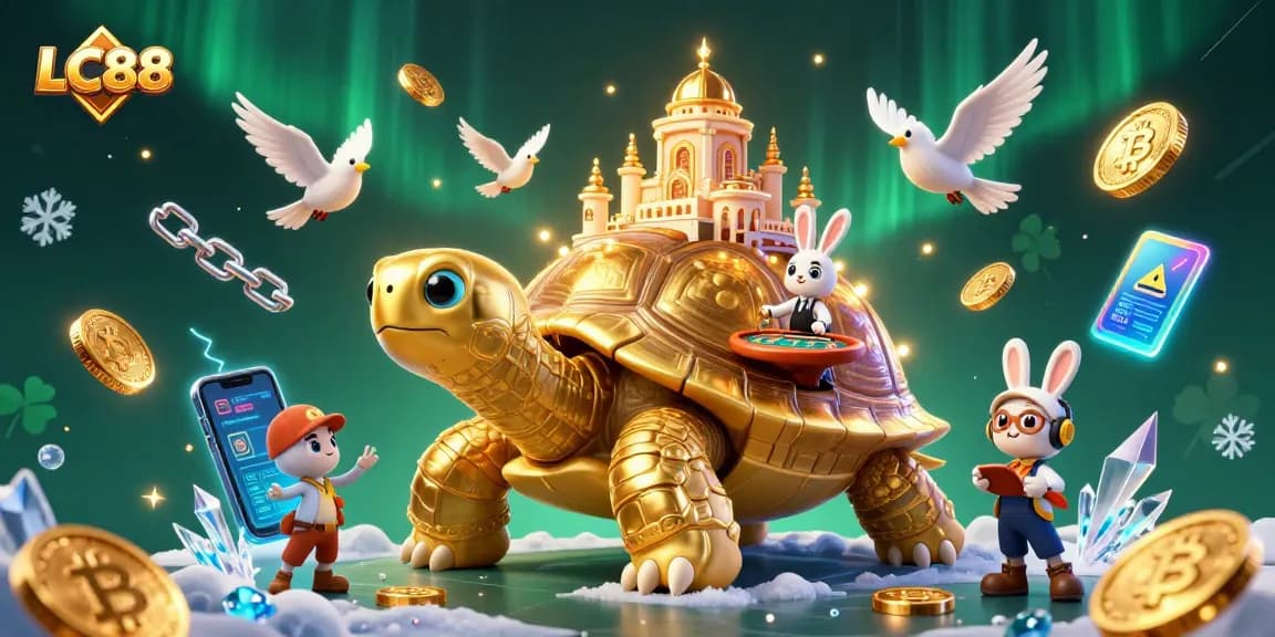 Experience exciting gaming at LC88 with a vibrant 3D casino scene featuring a unique tortoise and rabbit dealer.