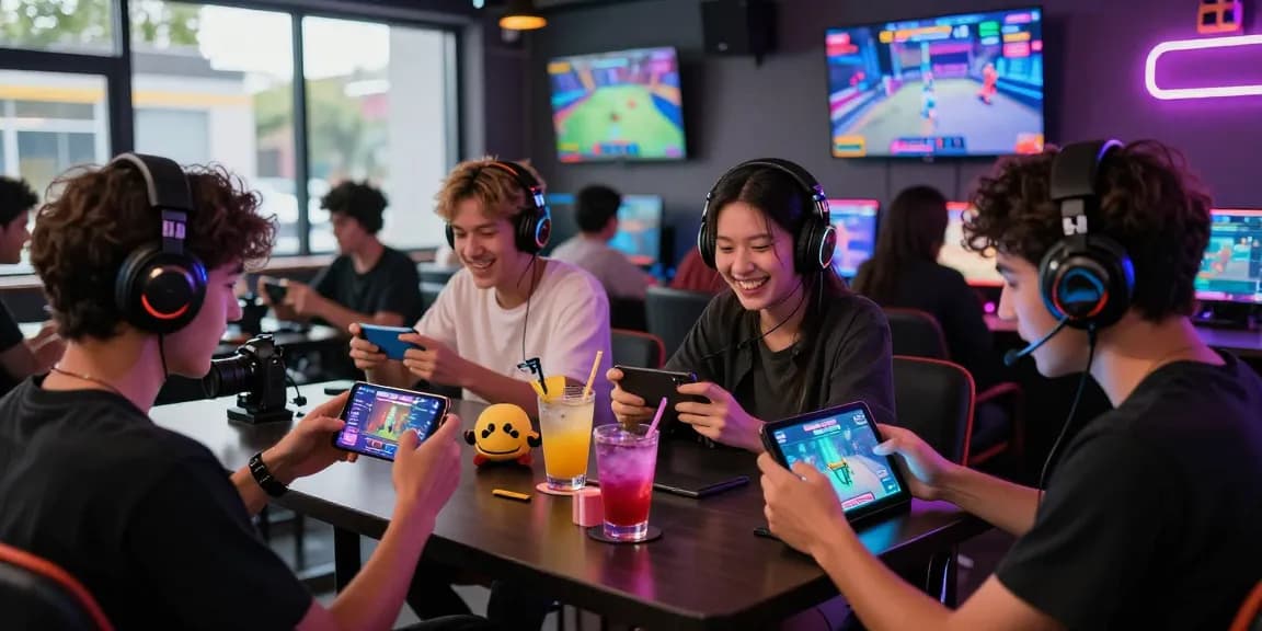 Engaged young adults playing android porn games in a lively gaming lounge, showcasing vibrant atmosphere and interactive experience.