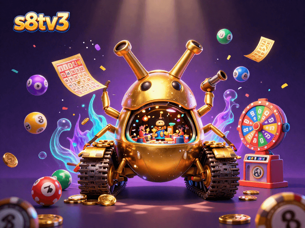 Experience thrilling gameplay with the vibrant s8tv3 casino scene featuring dynamic lottery balls and a unique gaming tank.