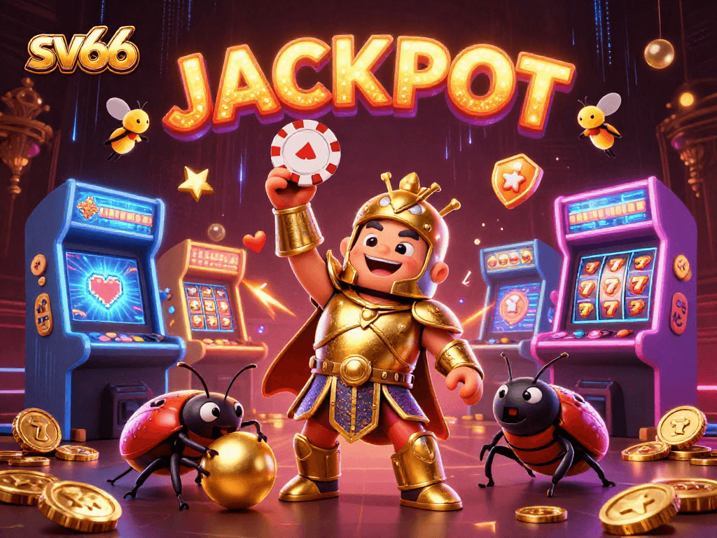 Win big at sv66 with a triumphant hercules beetle lifting poker chips amidst vibrant casino elements.