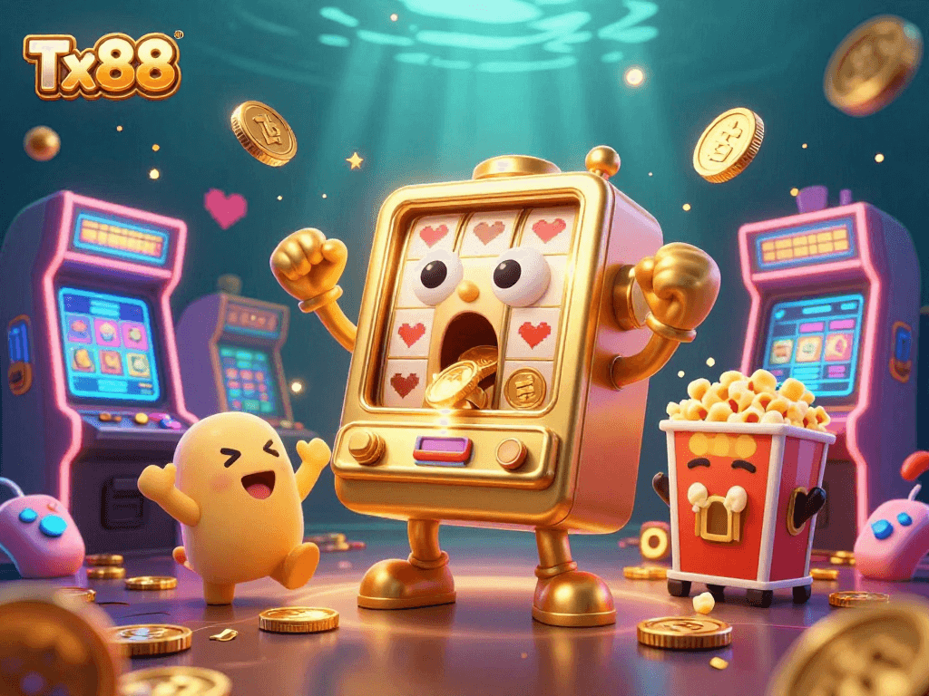Celebrate wins with Tx88 as golden slot machines cheer amidst vibrant arcade elements, illustrating casino excitement.
