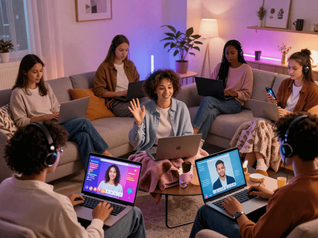 Participants enjoying a sex chat ai session on their devices in cozy home settings, showcasing vibrant digital interfaces.