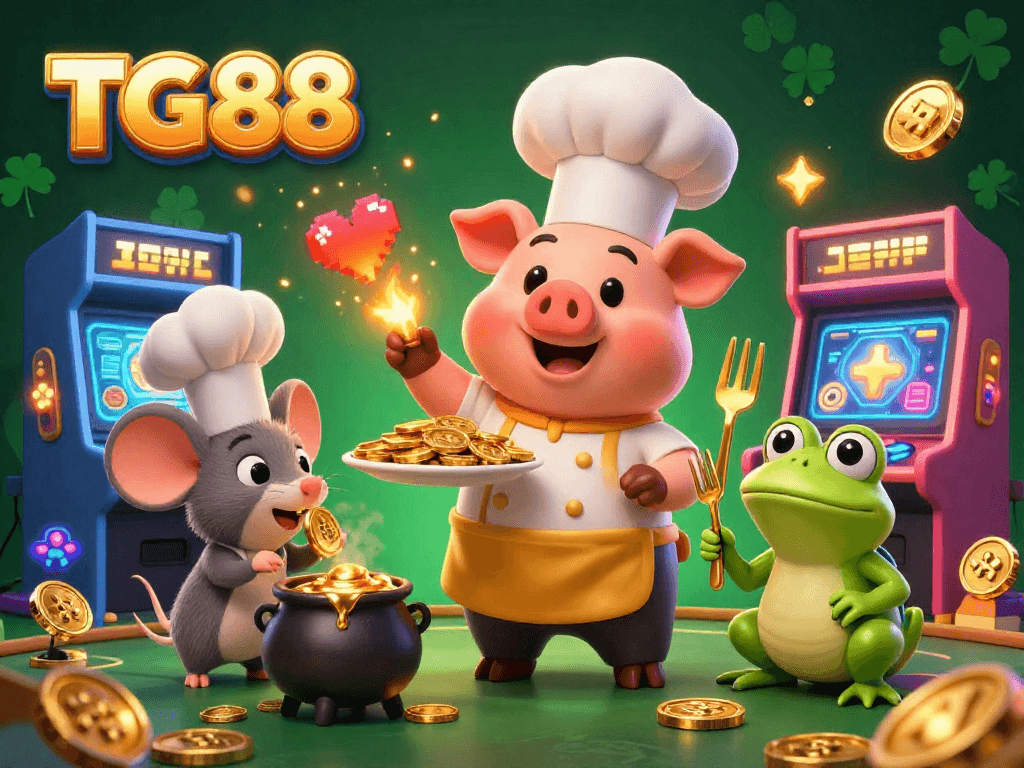 Engage in thrilling gameplay with TG88 as a chef pig serves golden coins in a lively gaming atmosphere.