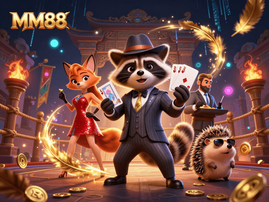 MM88 ushers excitement with a raccoon in a suit holding cards, alongside a fox and hedgehog, in a vibrant casino scene.