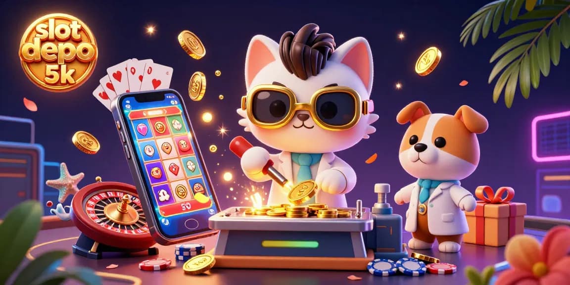 Engage with slot depo 5k as golden coins erupt from a smartphone displaying a colorful slot game.