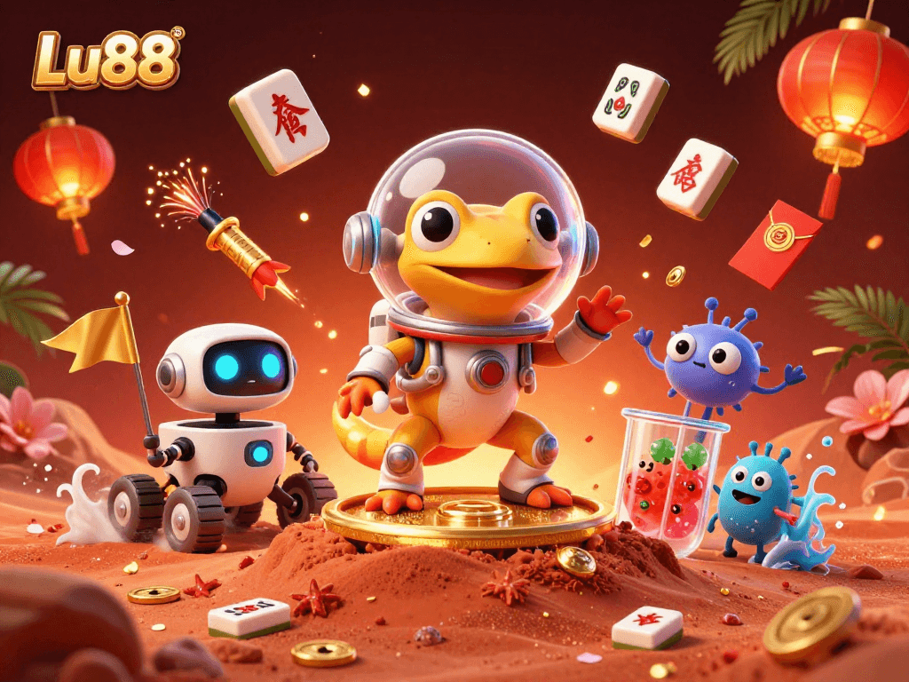 Experience gaming like never before at Lu88, a vibrant casino scene with animated characters and festive elements.