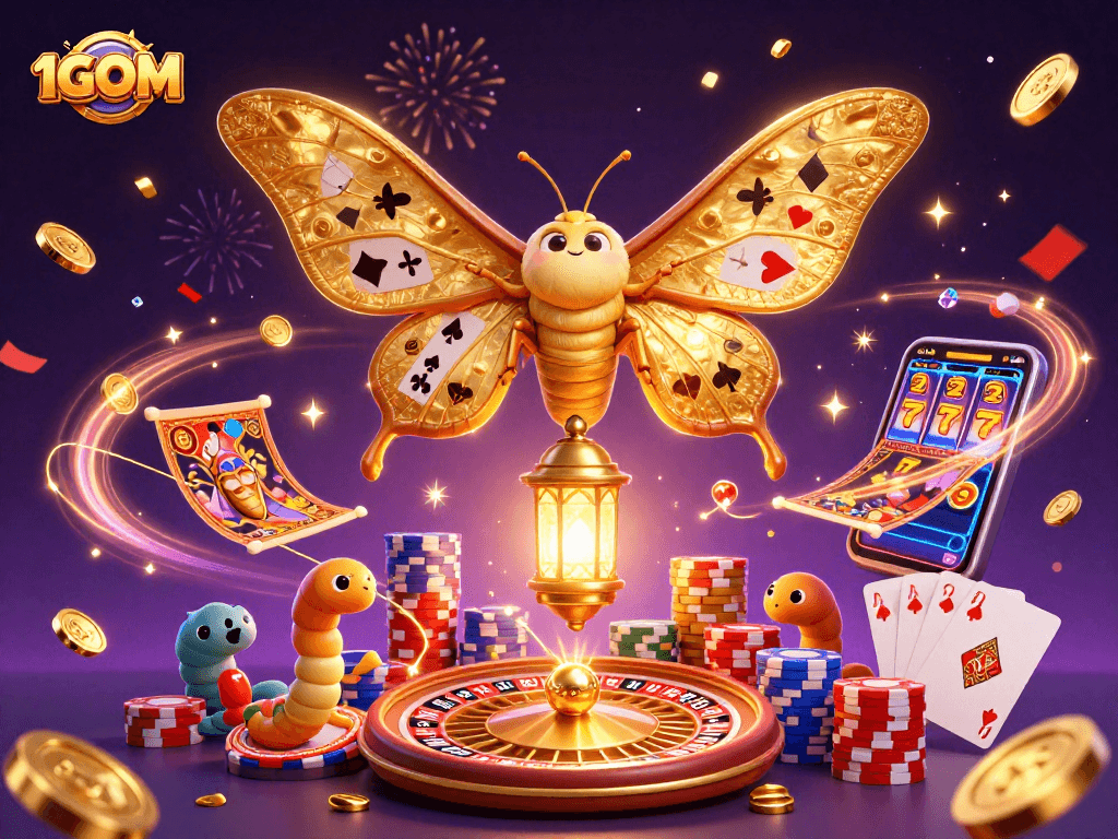 Experience the thrill of 1GOM's casino games with golden colors, spinning roulette, and lavish symbols.