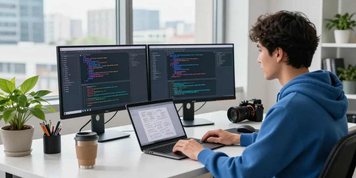 AI developer coding in a modern workspace, showcasing innovative crush ai algorithms and user interface designs in a bright office.