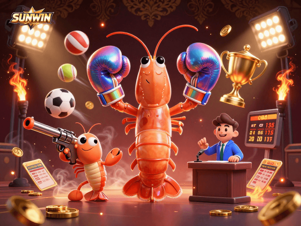 SUNWIN showcases thrilling gambling action with cartoon shrimp characters in a vibrant casino atmosphere.
