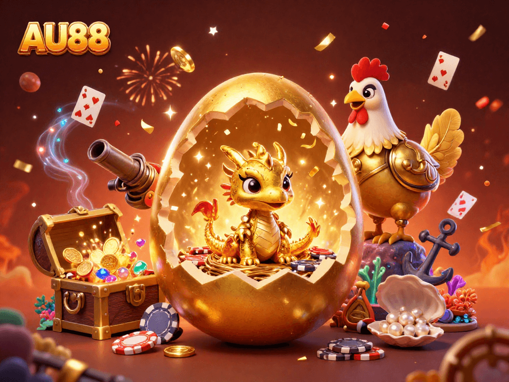 Experience exciting gameplay at AU88 with a golden dragon guarding poker chips and treasure.