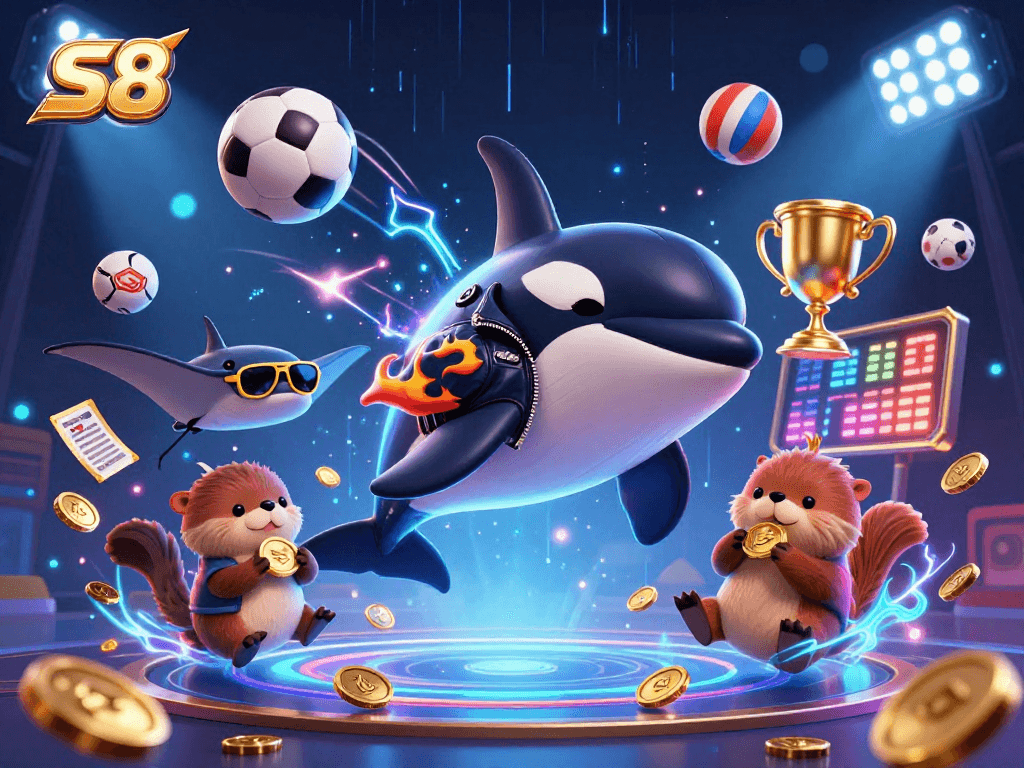 S8 showcases an exciting underwater casino scene featuring a dynamic orca whale and otters with coins.