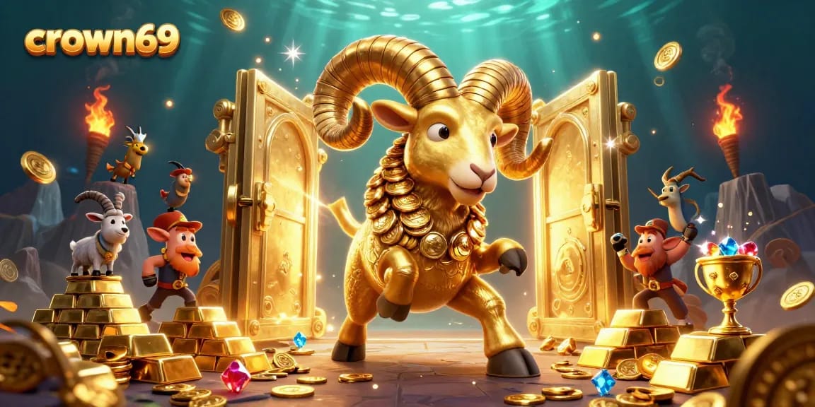 Experience crown69 with a charging golden ram amidst treasure and casino riches.