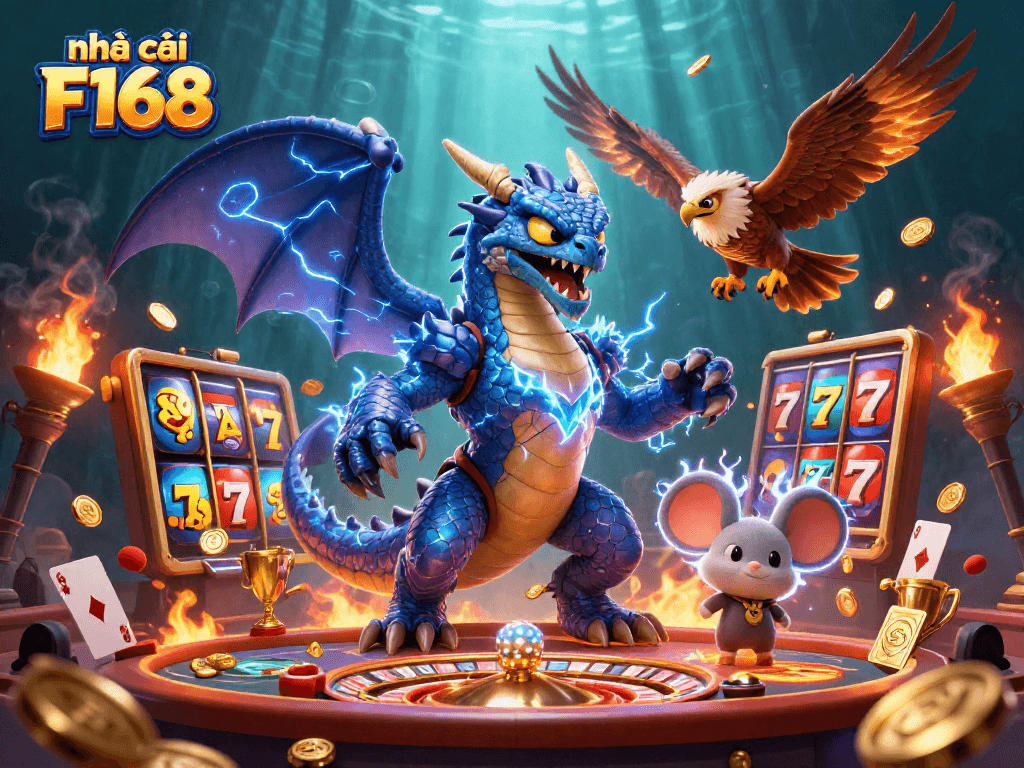 Engage with the electrifying action at nhà cái F168, featuring a vibrant 3D casino scene with dynamic game elements.