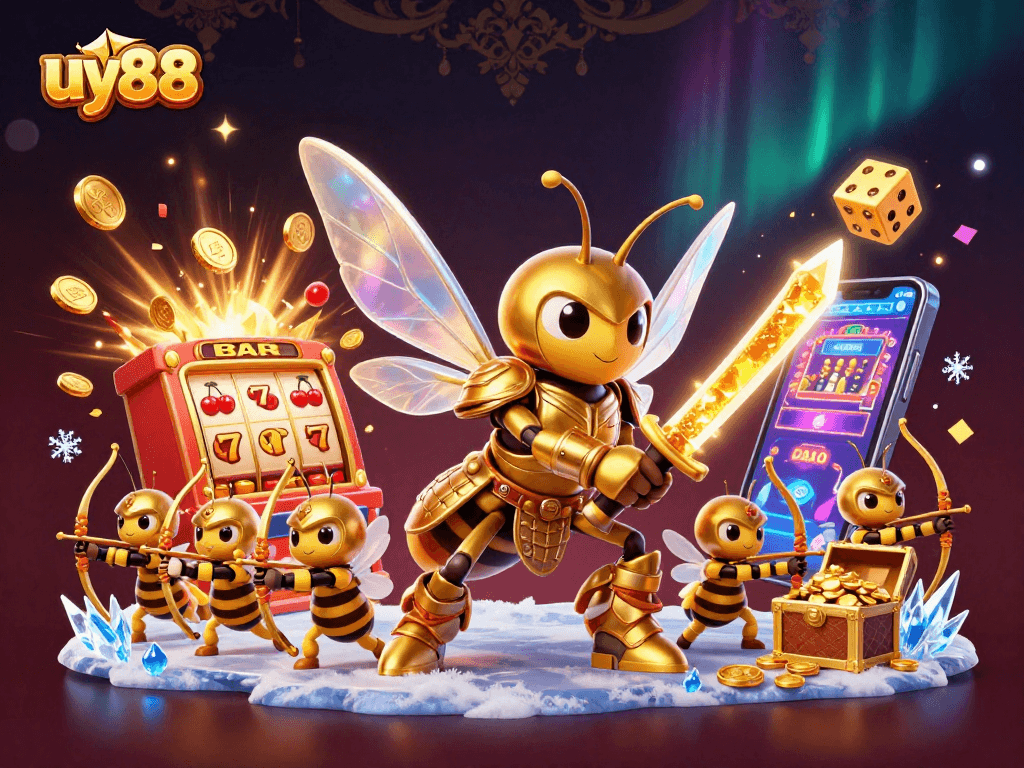 Experience the excitement of uy88 with a dynamic casino scene featuring a golden samurai hornet and vibrant game elements.