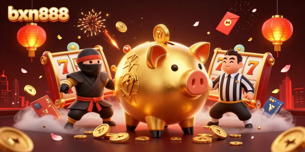 Experience thrilling gaming action with bxn888 at this vibrant casino illustration of characters battling amid coins and games.
