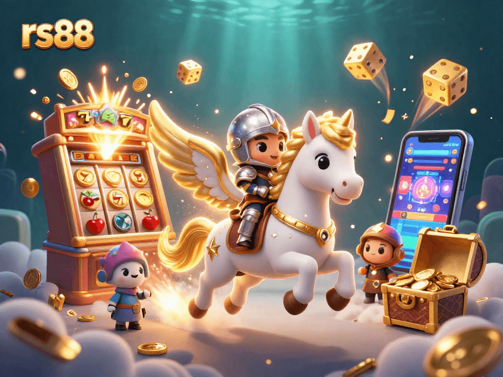Experience excitement at rs88 with a celestial horse and knight amidst a jackpot explosion in this vibrant gambling scene.