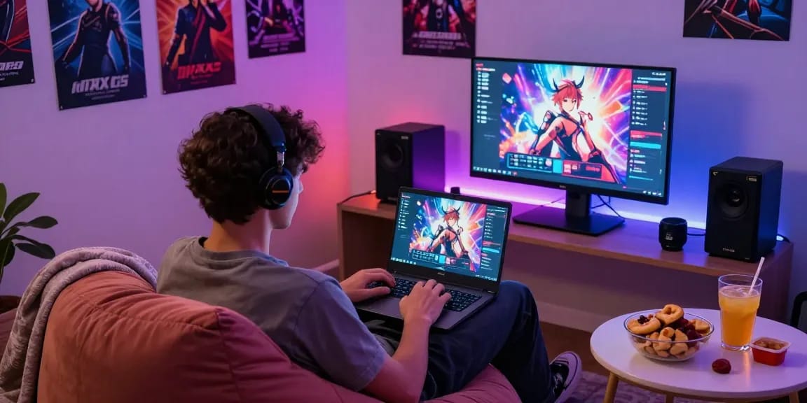 Engaged player enjoying xxx games in a cozy bedroom with vibrant decor