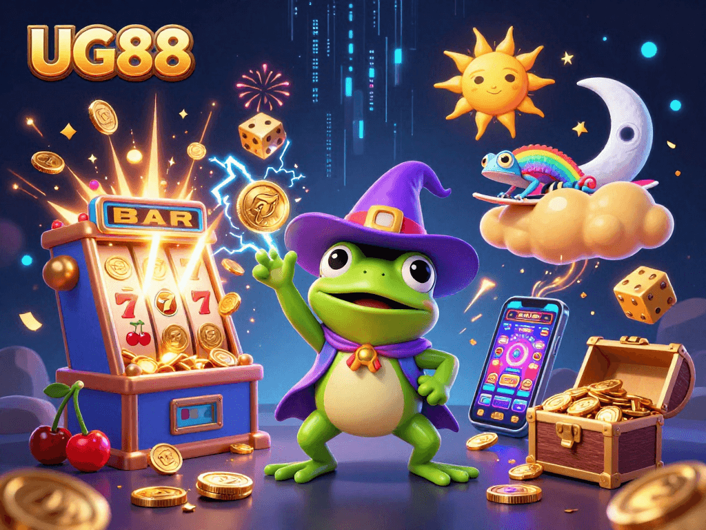 Join UG88's vibrant casino scene with the weather wizard frog showering golden coins.