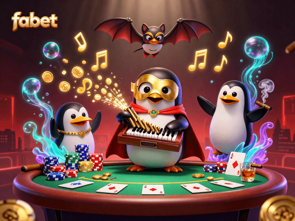 Engage with fabet while the playful penguin shines gold coins amidst a lively casino ambiance.
