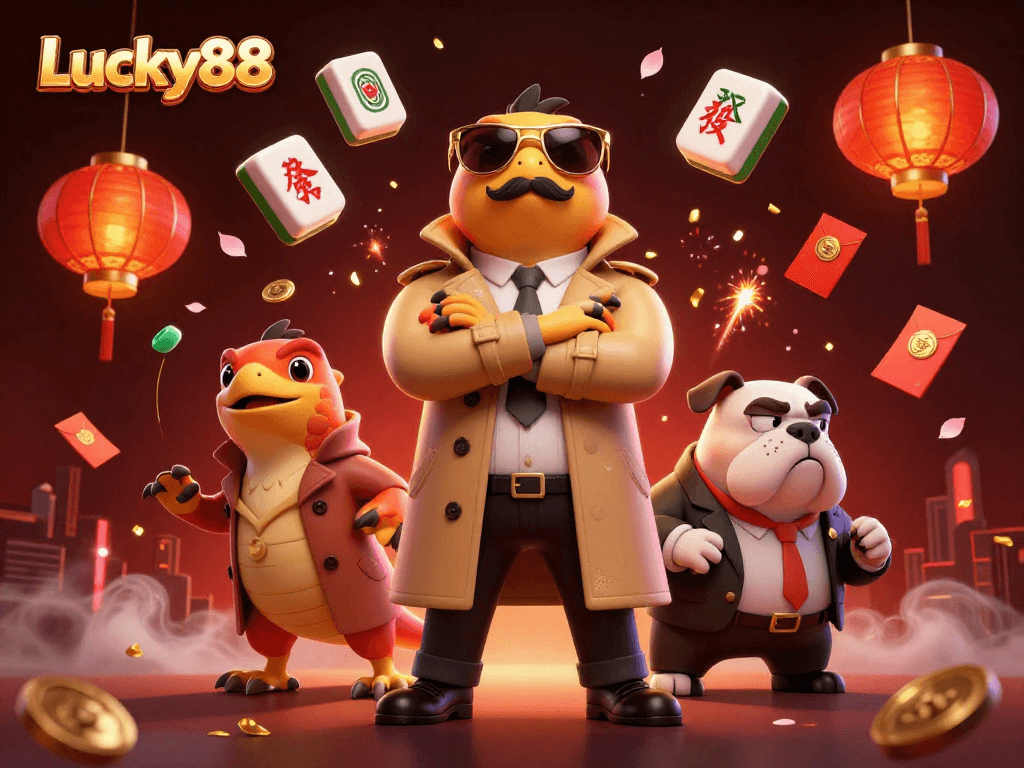 Experience the excitement of Lucky88 with raptors and casino elements in this vibrant scene.