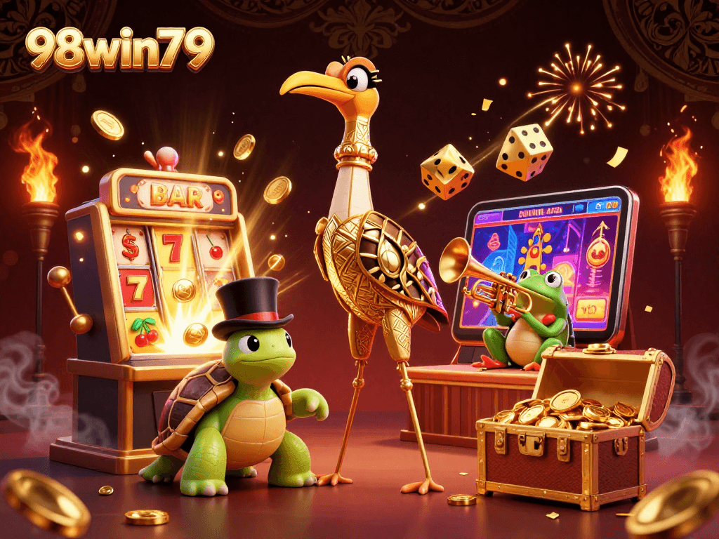 Experience exciting moments at 98win79 with a vibrant casino scene featuring iconic characters and a jackpot explosion.