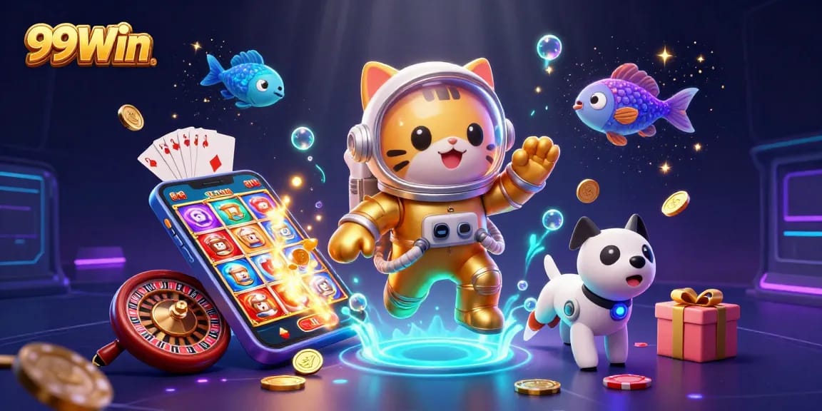 Win big with a vibrant 99Win online casino scene showcasing a casino astronaut cat adventure.