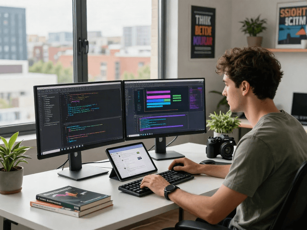 AI chat NSFW development environment with a developer coding on dual monitors, showcasing wireframes and algorithms in a modern tech workspace.