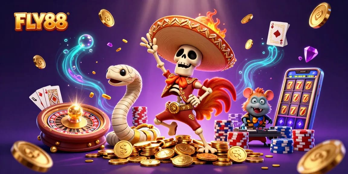 FLY88 features a lively scene with characters celebrating gaming success amidst shimmering coins and casino elements.