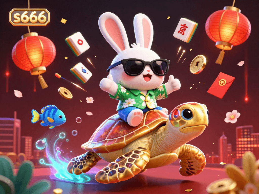 Win big at s666 with a vibrant 3D illustration of a lucky rabbit and golden sea turtle amidst colorful festive elements.