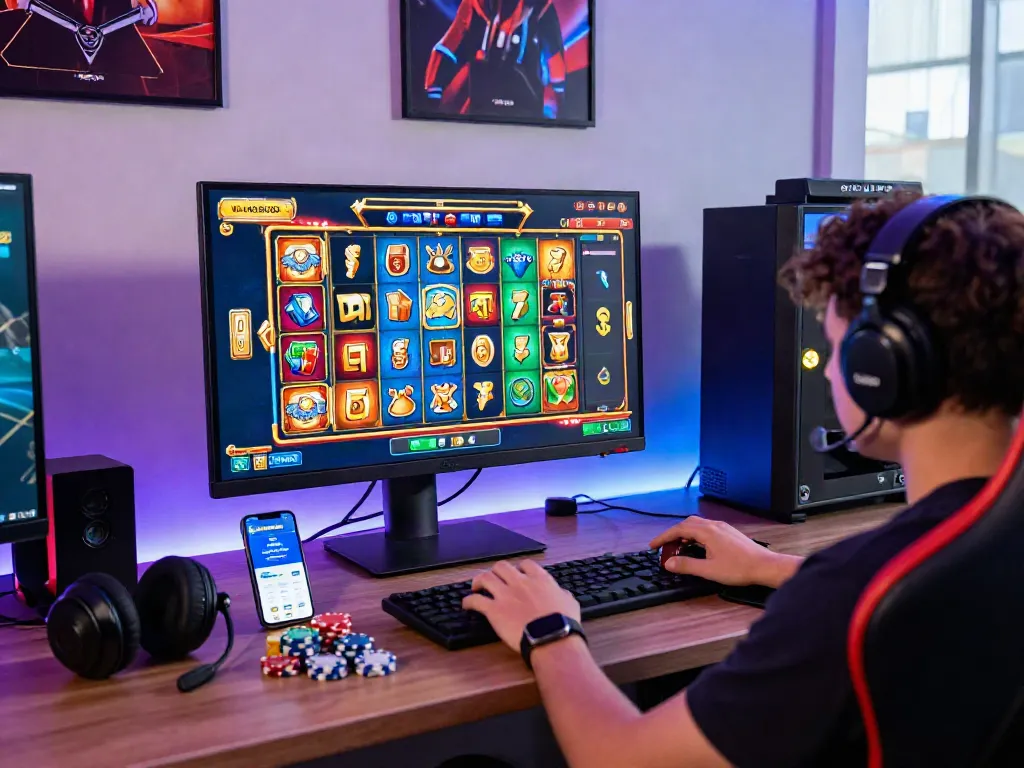 Online gamer enjoying thrilling slot games at Lumbung88 with vibrant visuals and gaming setup