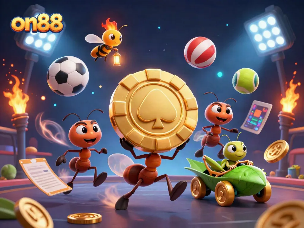 Engaging scene showcasing on88 with vibrant characters carrying a golden poker chip among dynamic sports elements.