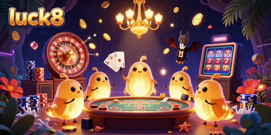 Experience the excitement of luck8 with lively glowworms illuminating a vibrant casino environment.