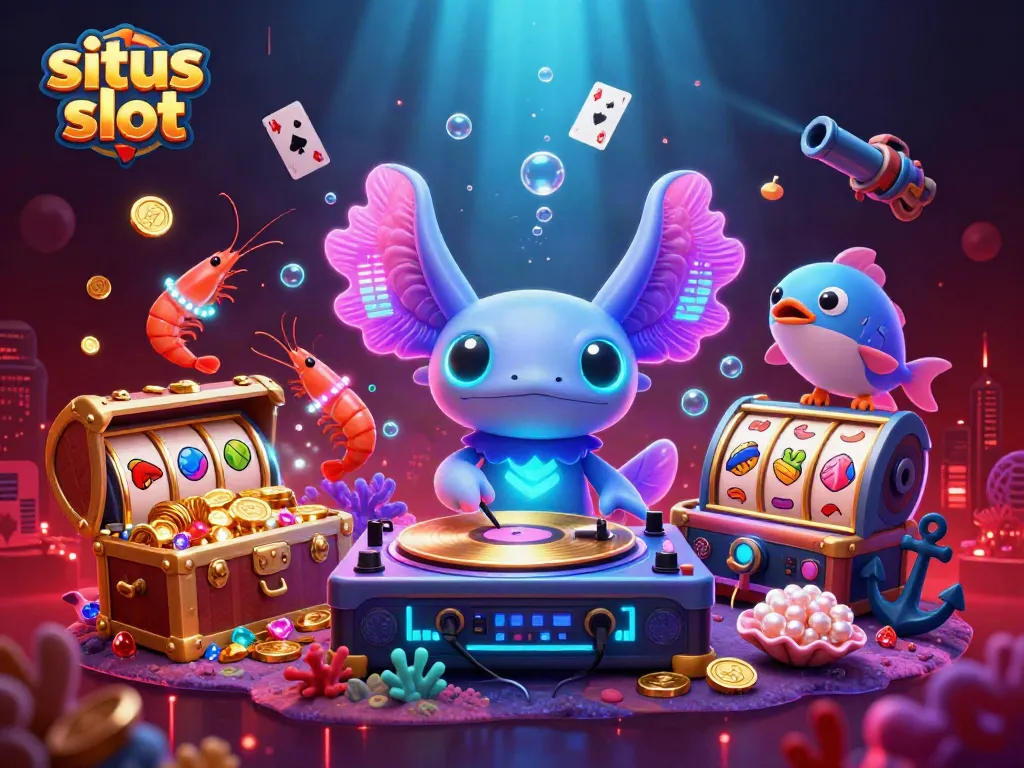 Experience situs slot excitement with vibrant underwater scene and dynamic characters in casino-themed illustration.