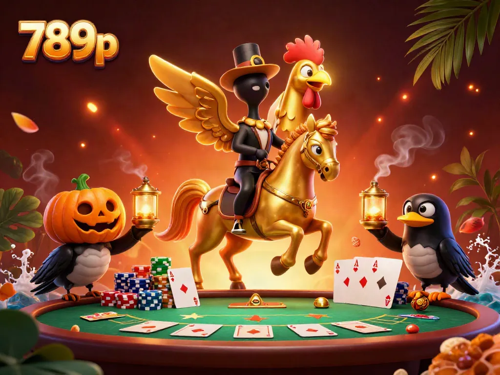 Experience the thrill of 789p with a golden rooster headless horseman in a vibrant casino scene.
