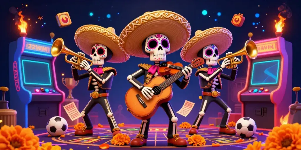 Experience the vibrant energy of 32WIN with a dynamic mariachi band surrounded by sports betting elements.