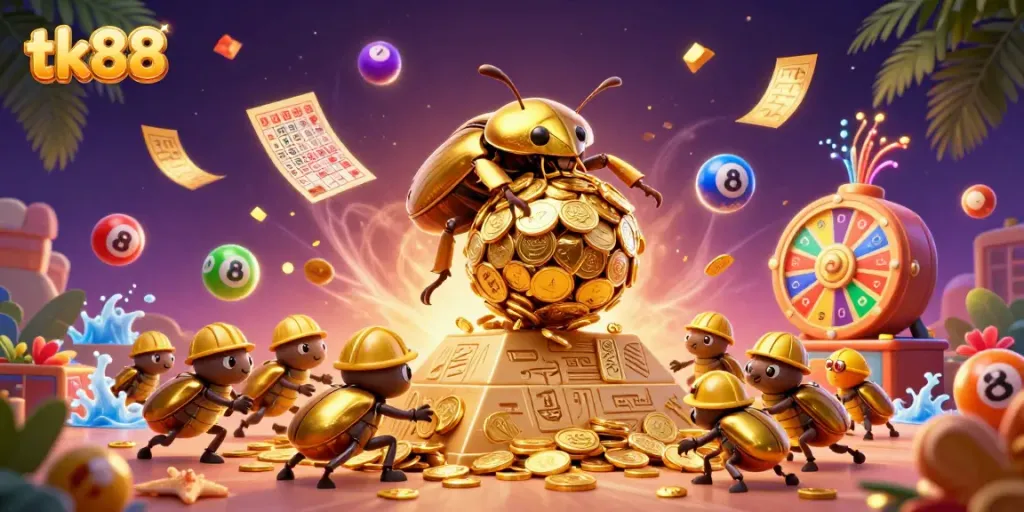 Experience the gaming excitement of tk88 with golden coins, dynamic lottery balls, and lively casino-themed characters.