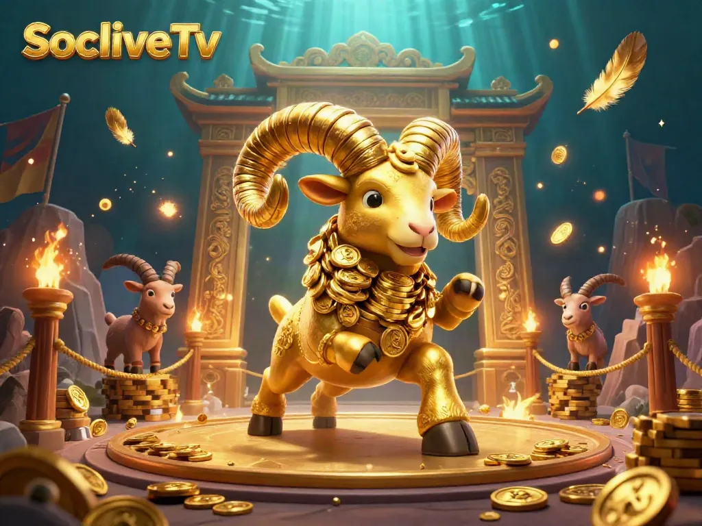 SocoliveTv showcases an energetic online sports betting scene with a charging golden ram amidst gold coins and vibrant effects.