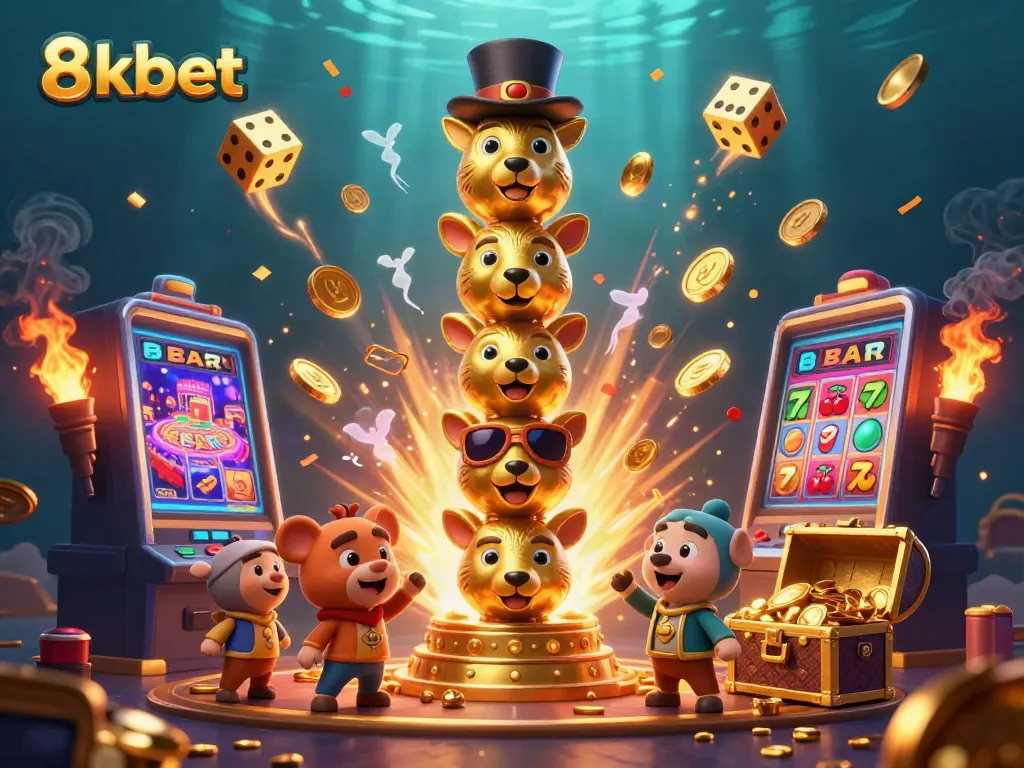 Experience the excitement of 8kbet with vibrant 3D illustrations showcasing casino fun and winning moments.