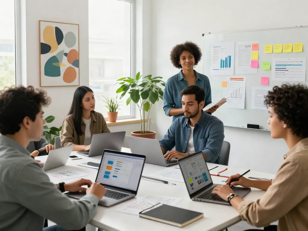 Group of professionals collaborating in a modern office for istana404 project presentation, showcasing teamwork and innovation.