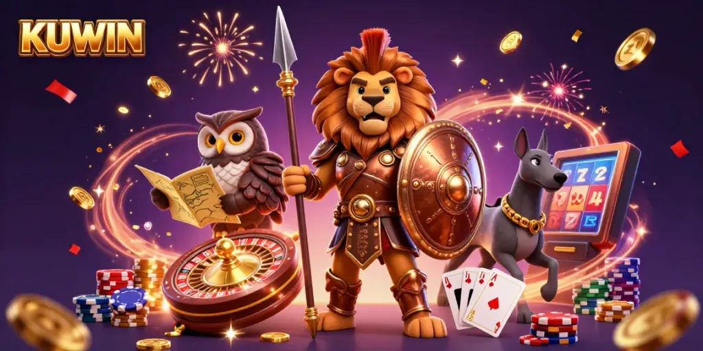 KUWIN's Spartan lion and owl strategist amidst vibrant casino elements celebrating the thrill of gaming.