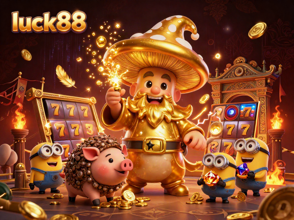 Experience excitement with luck88 slot features showcased in vibrant 3D illustration with wizard characters.