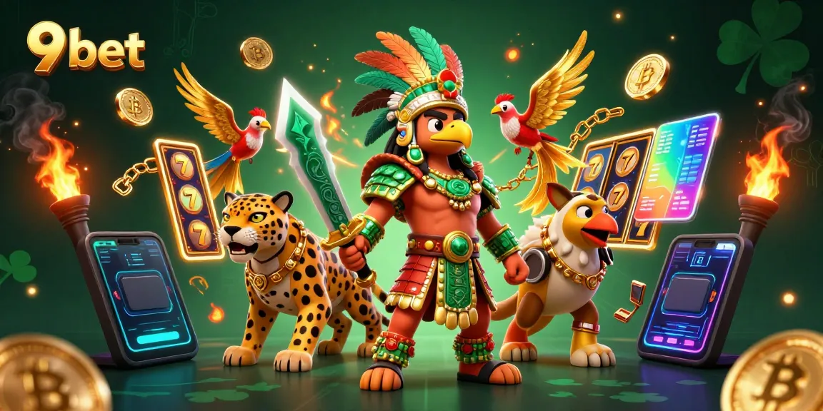 Experience the excitement of 9 bet with animated Aztec warriors amidst glowing crypto coins and slot machines.