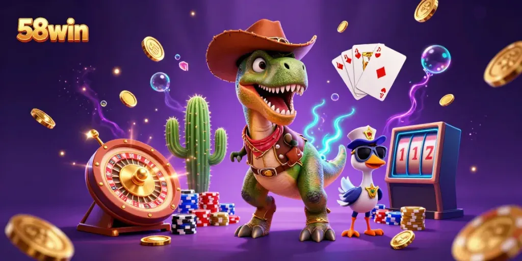 Engage in thrilling casino play with 58win as a T-Rex cowboy and friends scatter coins and gems.