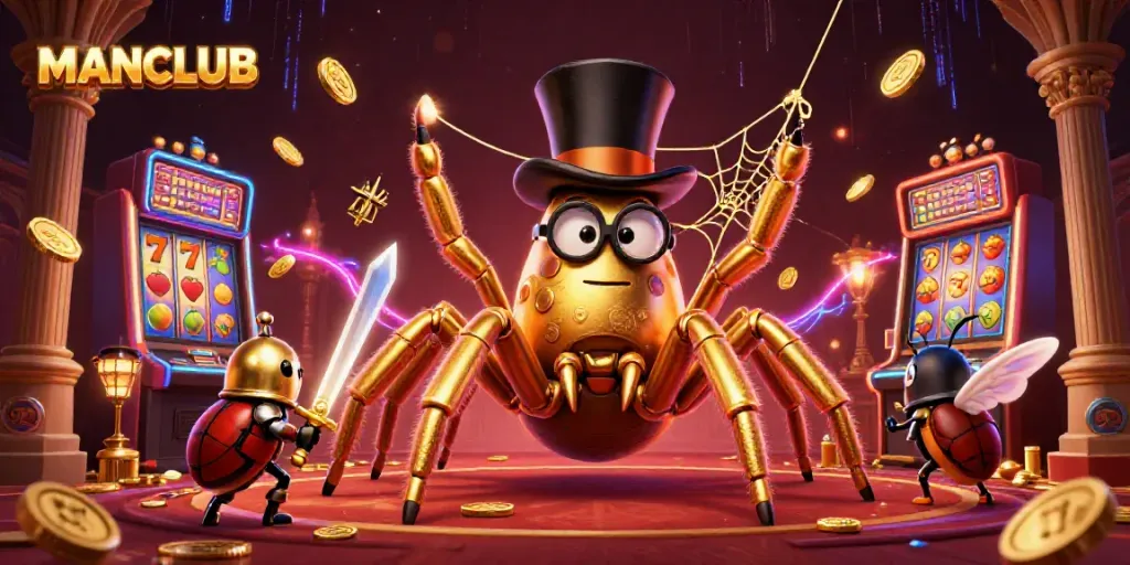 Engage in thrilling gaming action at MANCLUB with golden tarantulas and casino excitement.
