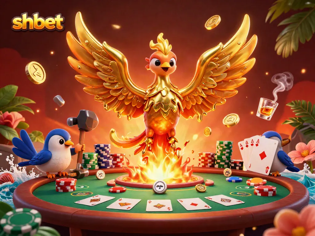 Experience thrilling gameplay at shbet with a stunning golden phoenix and poker scene.