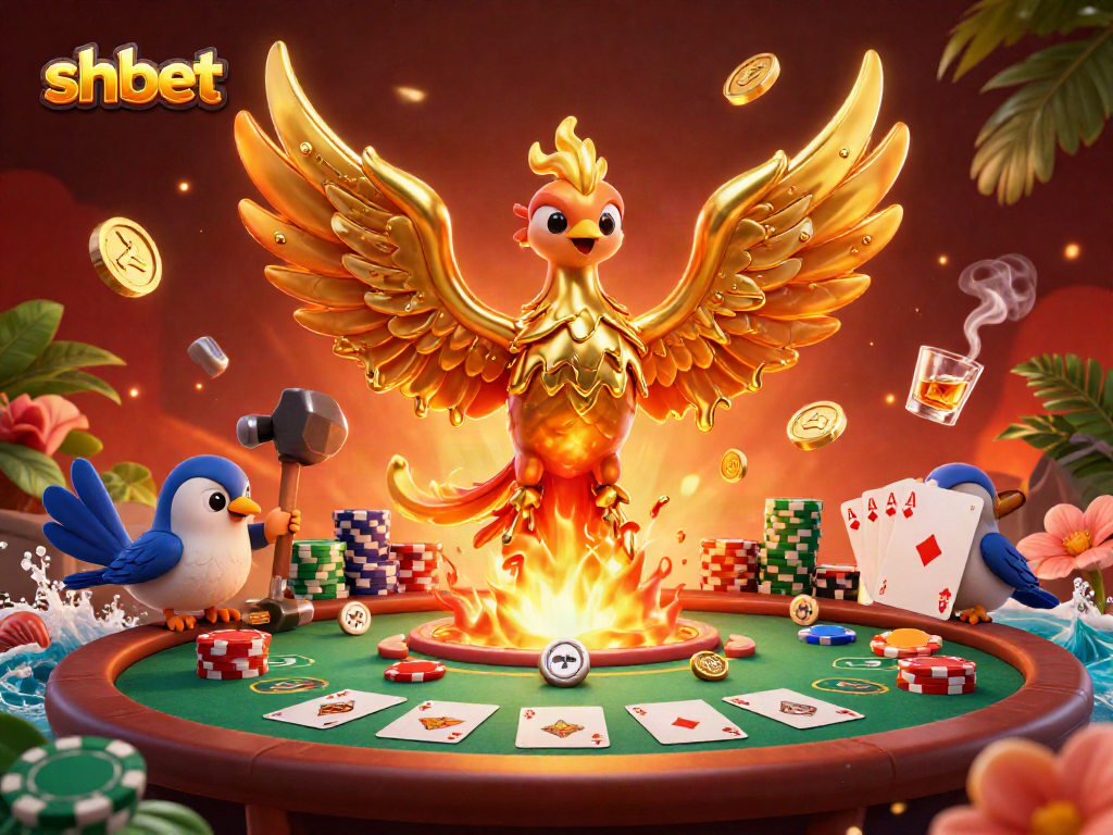 Experience thrilling gameplay at shbet with a stunning golden phoenix and poker scene.